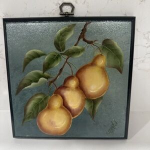 Vintage Hand Painted Pears Wall Plaque 8” X  8” Signed